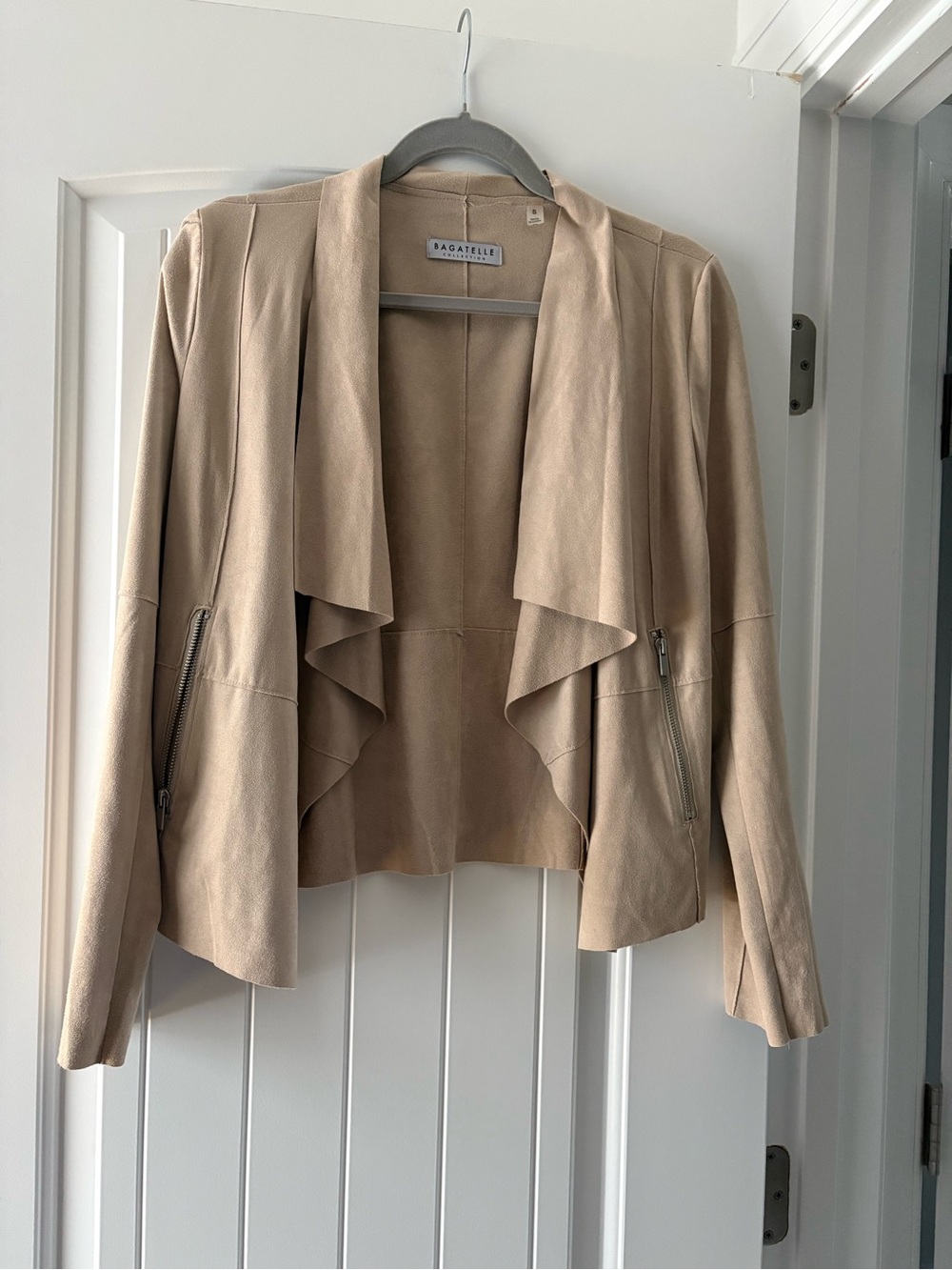Bagatelle Collection Faux Suede Waterfall Draped Open Front Jacket Brown Small